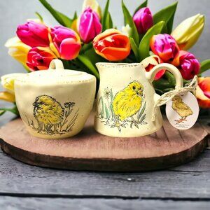 New Creamer & Sugar Yellow Birds Chicks Easter Dining Table Decor Farmhouse
